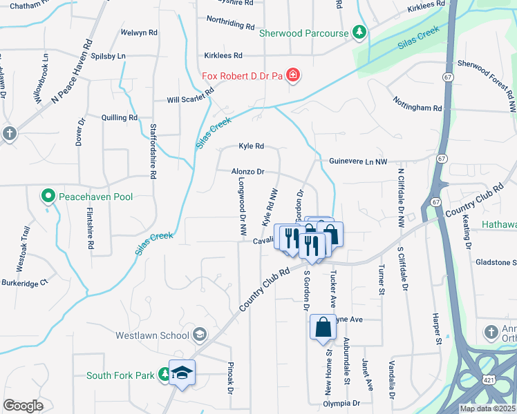 map of restaurants, bars, coffee shops, grocery stores, and more near 214 Kyle Road in Winston-Salem