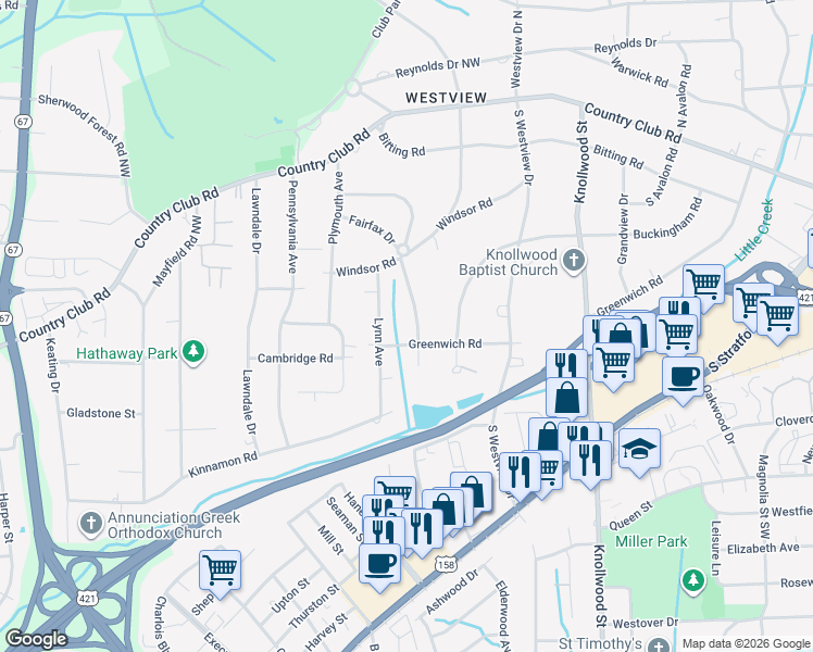 map of restaurants, bars, coffee shops, grocery stores, and more near 356 Fairfax Drive in Winston-Salem