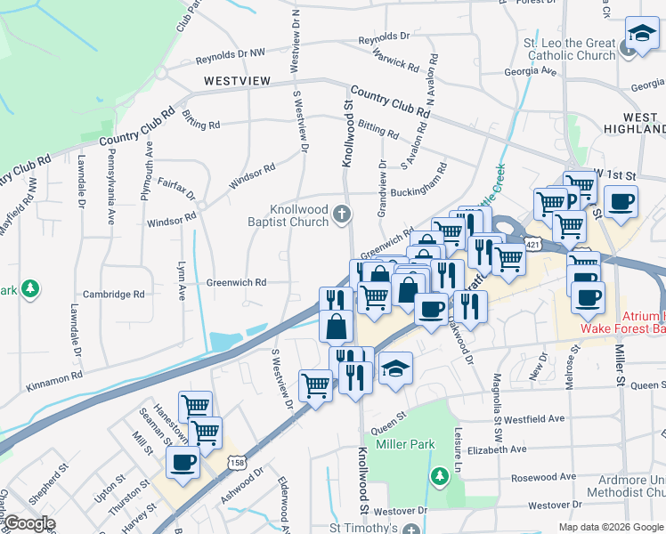 map of restaurants, bars, coffee shops, grocery stores, and more near 320 Hanover Arms Court in Winston-Salem
