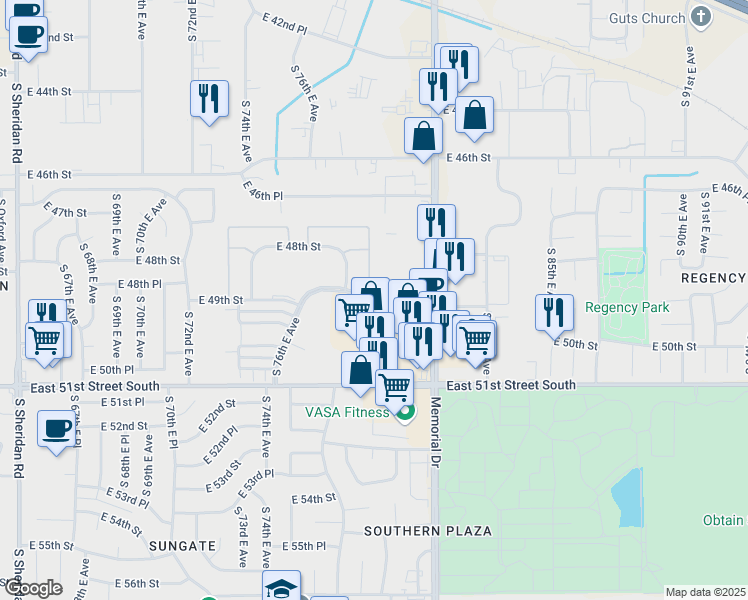 map of restaurants, bars, coffee shops, grocery stores, and more near 7646 East 49th Street in Tulsa