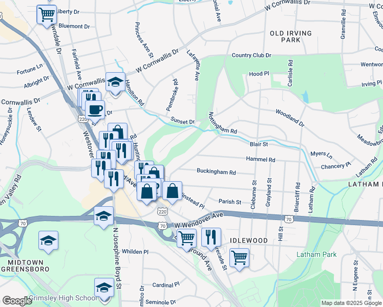 map of restaurants, bars, coffee shops, grocery stores, and more near 1000 Dover Road in Greensboro