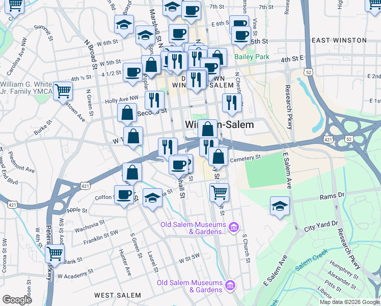 map of restaurants, bars, coffee shops, grocery stores, and more near 147 Cherry Street South in Winston-Salem