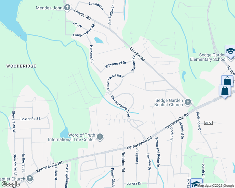 map of restaurants, bars, coffee shops, grocery stores, and more near 4425 Vernon Circle Southeast in Kernersville