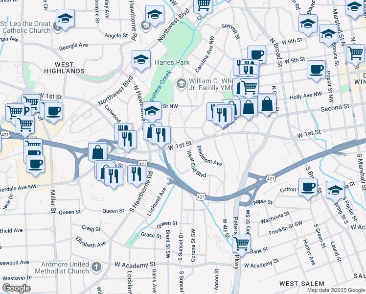 map of restaurants, bars, coffee shops, grocery stores, and more near 1322 West 1st Street in Winston-Salem