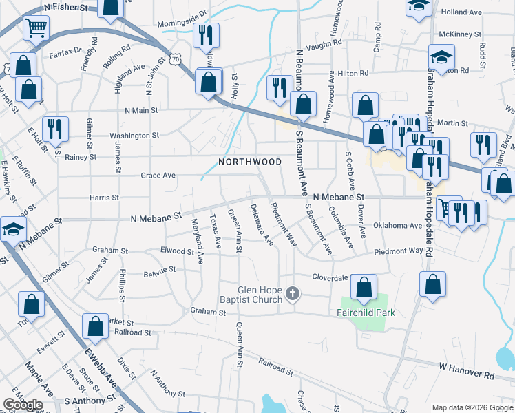 map of restaurants, bars, coffee shops, grocery stores, and more near 1215 North Mebane Street in Burlington