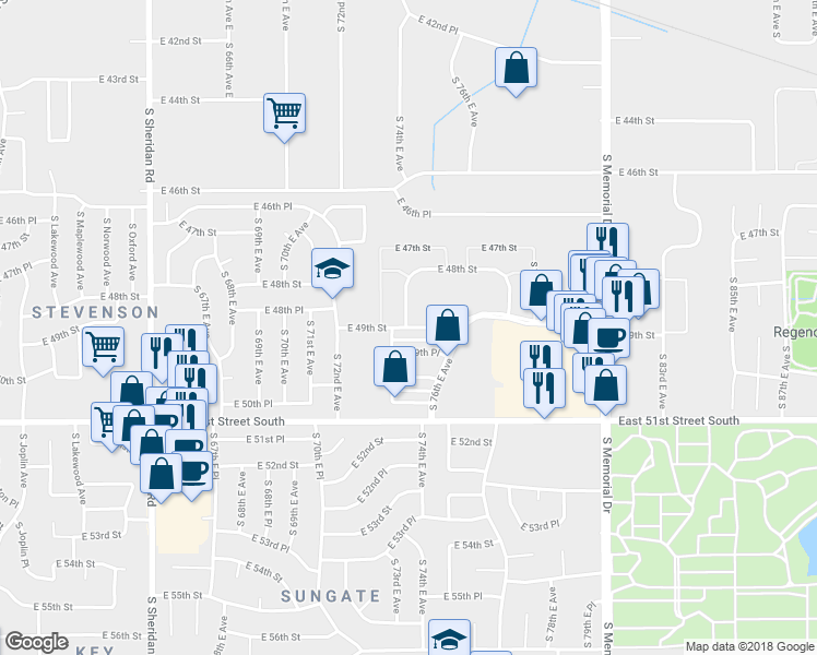 map of restaurants, bars, coffee shops, grocery stores, and more near 7454 East 49th Street in Tulsa