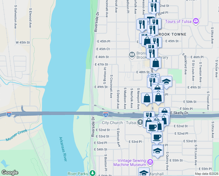 map of restaurants, bars, coffee shops, grocery stores, and more near 4902 South Cincinnati Avenue in Tulsa