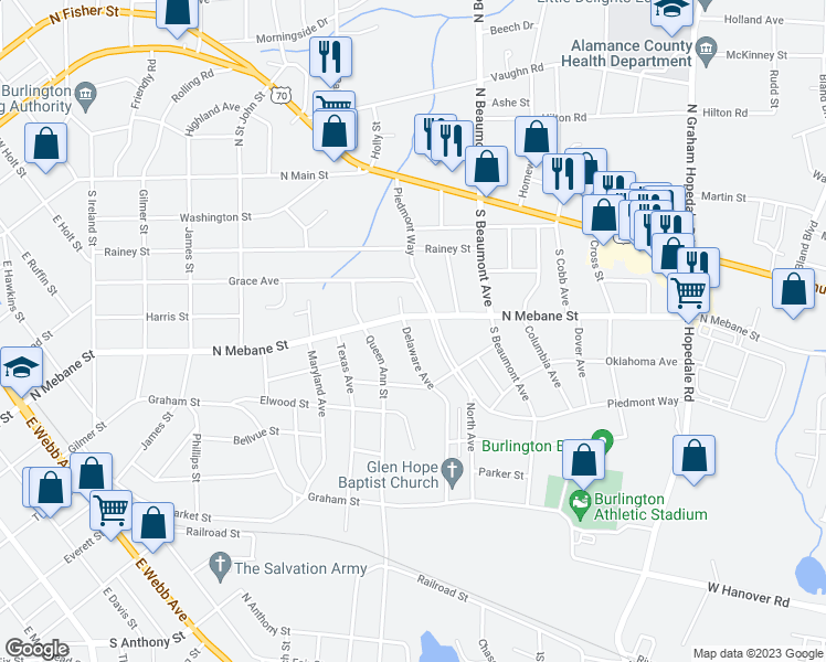 map of restaurants, bars, coffee shops, grocery stores, and more near 510 Delaware Avenue in Burlington
