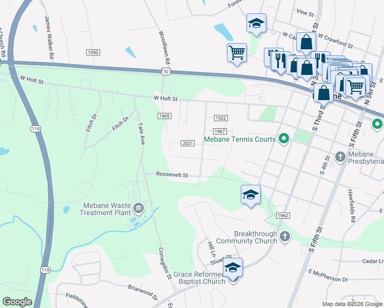 map of restaurants, bars, coffee shops, grocery stores, and more near 704 Mc Kinley Street in Mebane