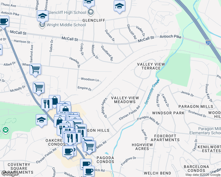 map of restaurants, bars, coffee shops, grocery stores, and more near 3731 Valley Ridge Drive in Nashville