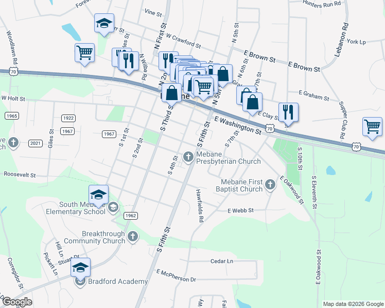 map of restaurants, bars, coffee shops, grocery stores, and more near 301 S 5th St in Mebane