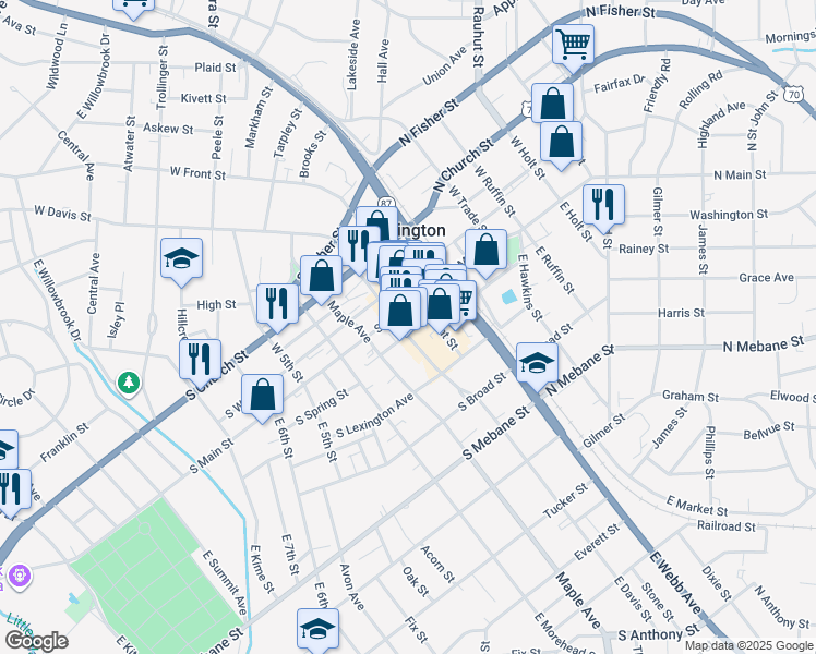 map of restaurants, bars, coffee shops, grocery stores, and more near 132 East Davis Street in Burlington