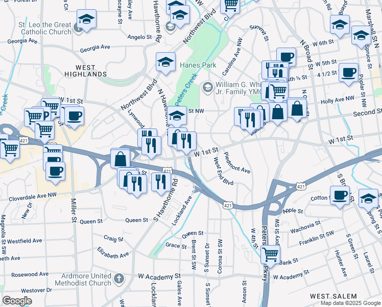 map of restaurants, bars, coffee shops, grocery stores, and more near 1417 West 1st Street in Winston-Salem