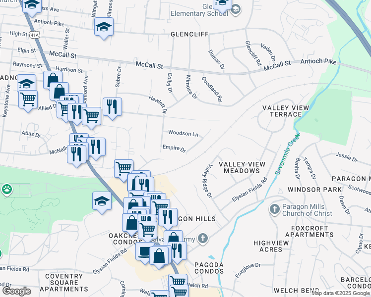 map of restaurants, bars, coffee shops, grocery stores, and more near 182 Empire Dr in Nashville