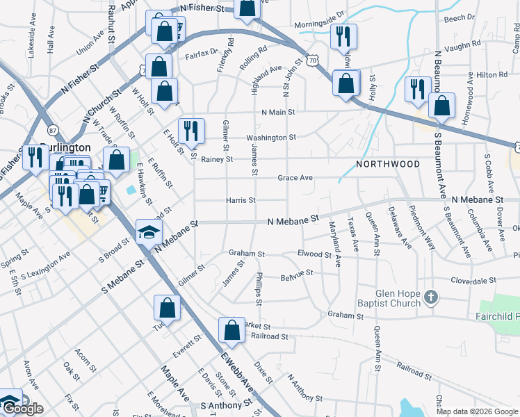 map of restaurants, bars, coffee shops, grocery stores, and more near 428 James Street in Burlington