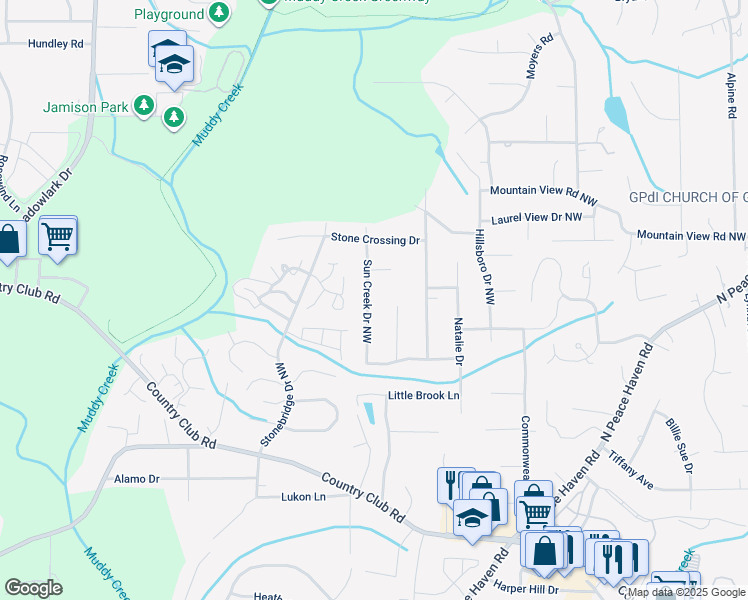 map of restaurants, bars, coffee shops, grocery stores, and more near 533 Sun Creek Drive Northwest in Winston-Salem