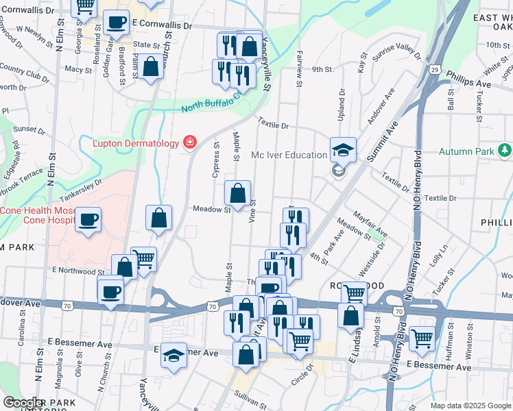 map of restaurants, bars, coffee shops, grocery stores, and more near 1302 Vine Street in Greensboro