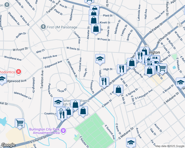 map of restaurants, bars, coffee shops, grocery stores, and more near Fountain Place in Burlington