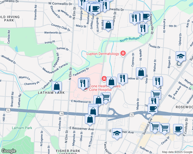 map of restaurants, bars, coffee shops, grocery stores, and more near 1131 North Church Street in Greensboro
