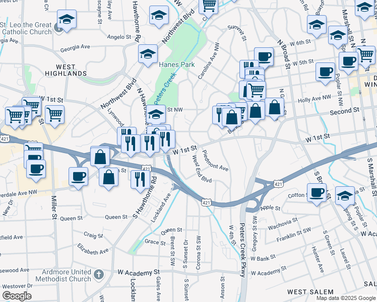 map of restaurants, bars, coffee shops, grocery stores, and more near 1326 West 1st Street in Winston-Salem