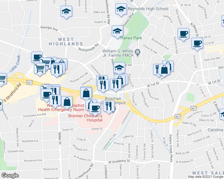 map of restaurants, bars, coffee shops, grocery stores, and more near 1523 West 1st Street in Winston-Salem