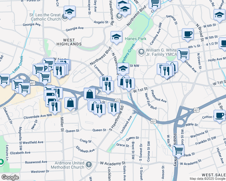 map of restaurants, bars, coffee shops, grocery stores, and more near 1523 West 1st Street in Winston-Salem
