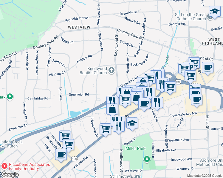 map of restaurants, bars, coffee shops, grocery stores, and more near 320 Hanover Arms Court in Winston-Salem