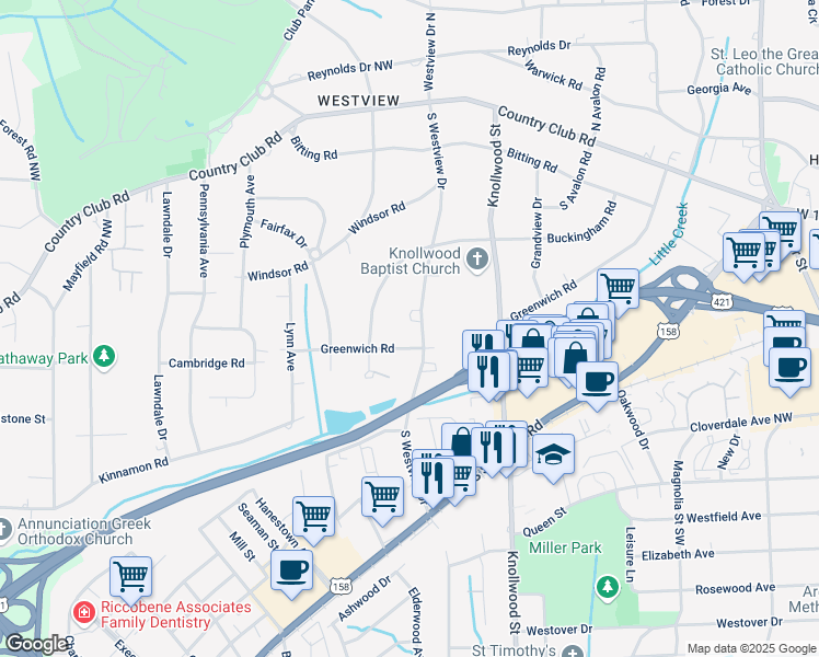 map of restaurants, bars, coffee shops, grocery stores, and more near 370 South Westview Drive in Winston-Salem