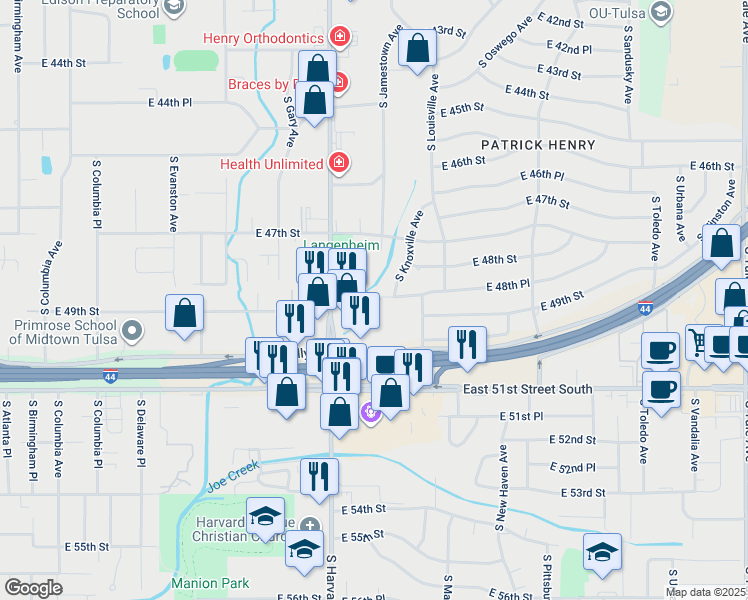 map of restaurants, bars, coffee shops, grocery stores, and more near 3520 East 48th Place in Tulsa