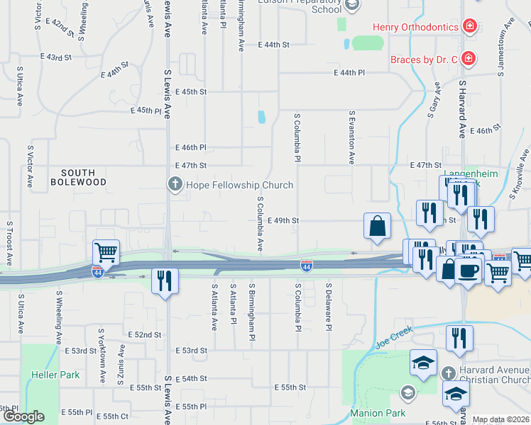 map of restaurants, bars, coffee shops, grocery stores, and more near 4687 South Columbia Avenue in Tulsa