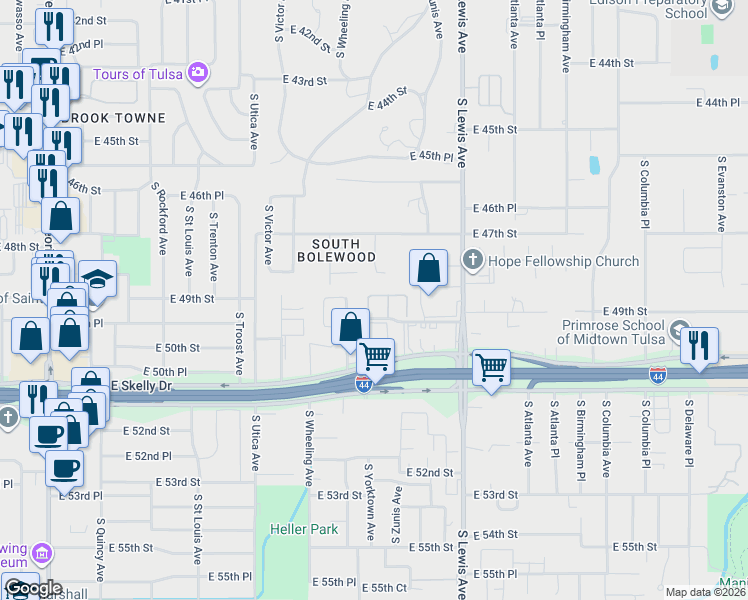 map of restaurants, bars, coffee shops, grocery stores, and more near 4808 South Yorktown Place in Tulsa