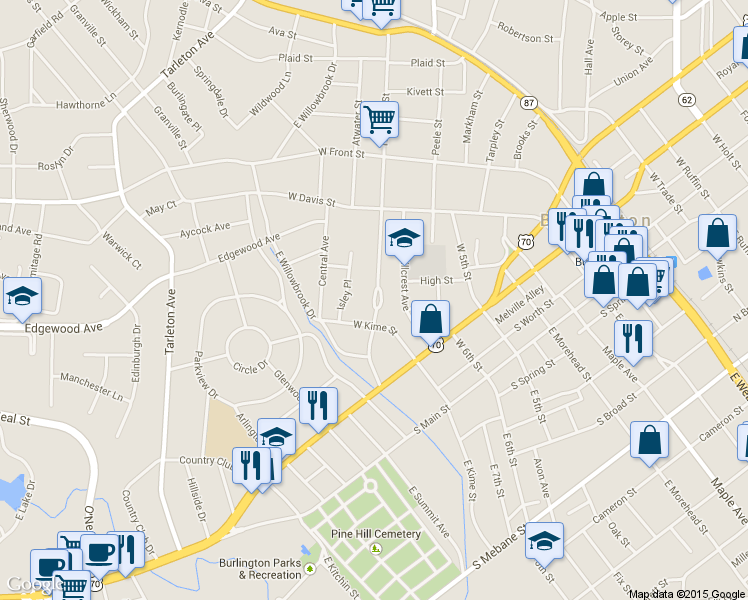 map of restaurants, bars, coffee shops, grocery stores, and more near Fountain Place in Burlington