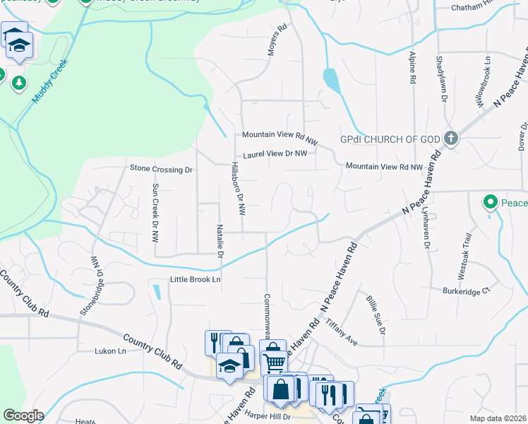 map of restaurants, bars, coffee shops, grocery stores, and more near 5060 Bonanza Drive Northwest in Winston-Salem
