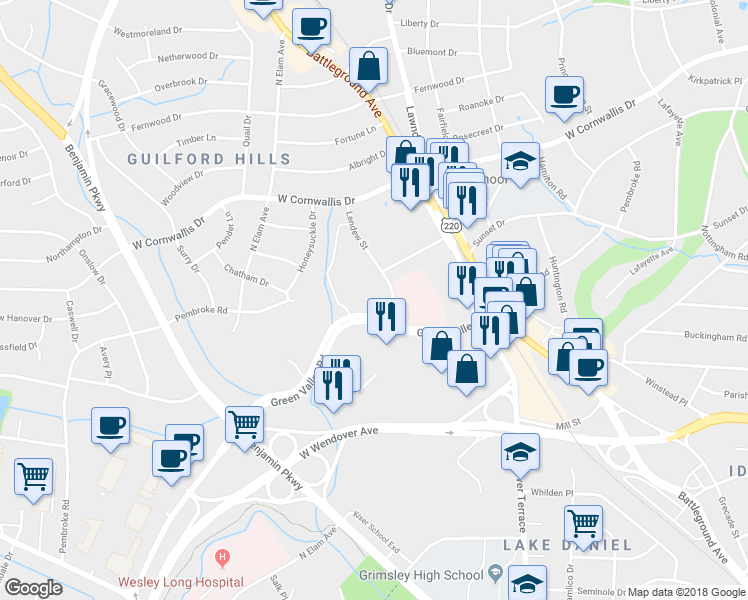 map of restaurants, bars, coffee shops, grocery stores, and more near 721 Green Valley Rd in Greensboro