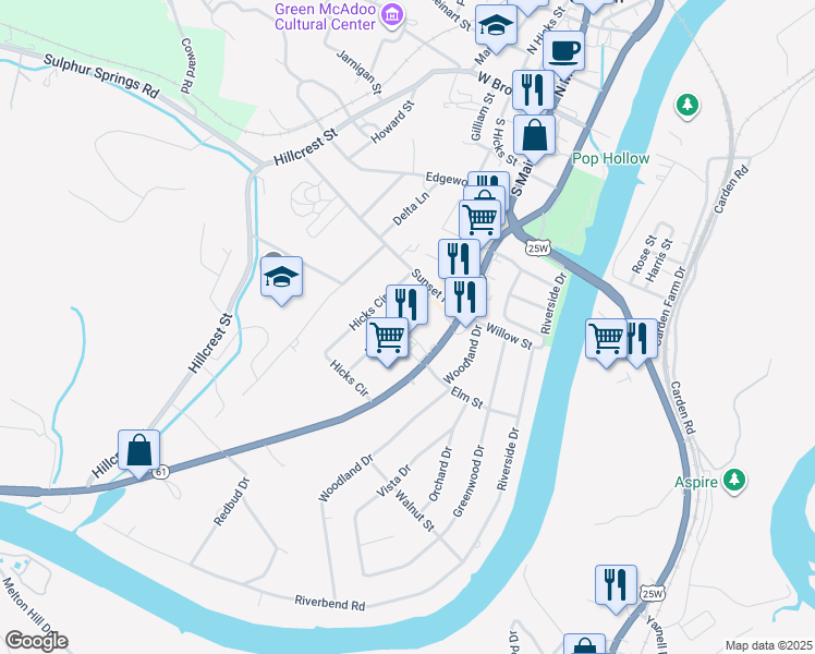 map of restaurants, bars, coffee shops, grocery stores, and more near 410 Highland Drive in Clinton