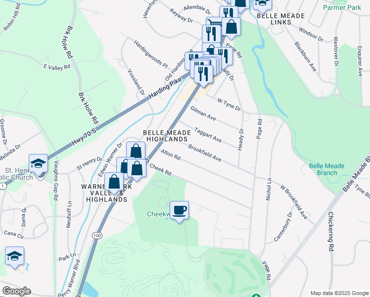 map of restaurants, bars, coffee shops, grocery stores, and more near 115B Brookfield Avenue in Nashville