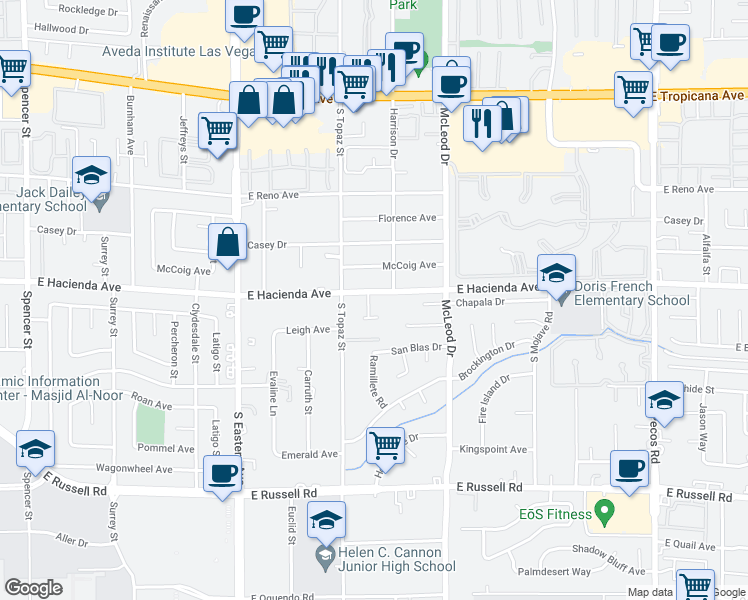 map of restaurants, bars, coffee shops, grocery stores, and more near 2715 East Hacienda Avenue in Las Vegas