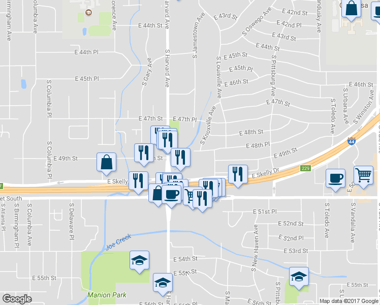 map of restaurants, bars, coffee shops, grocery stores, and more near 3520 East 48th Place in Tulsa