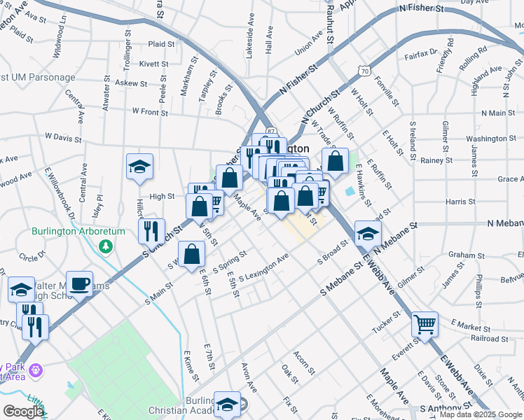 map of restaurants, bars, coffee shops, grocery stores, and more near 445 North Main Street in Burlington