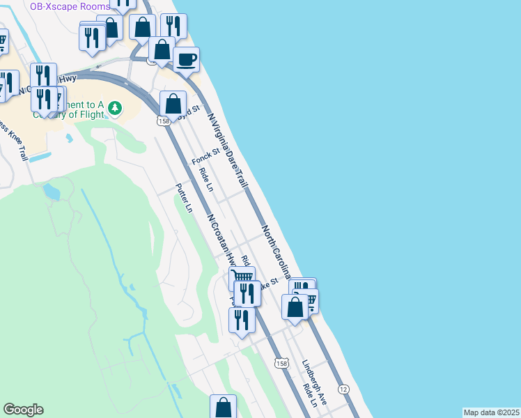 map of restaurants, bars, coffee shops, grocery stores, and more near 4915 North Va Dare Trail in Kitty Hawk
