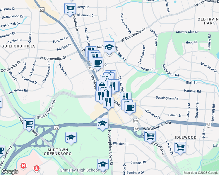 map of restaurants, bars, coffee shops, grocery stores, and more near 1804 Pembroke Road in Greensboro