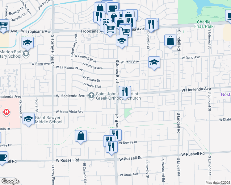 map of restaurants, bars, coffee shops, grocery stores, and more near 5262 South Placentia Parkway in Las Vegas