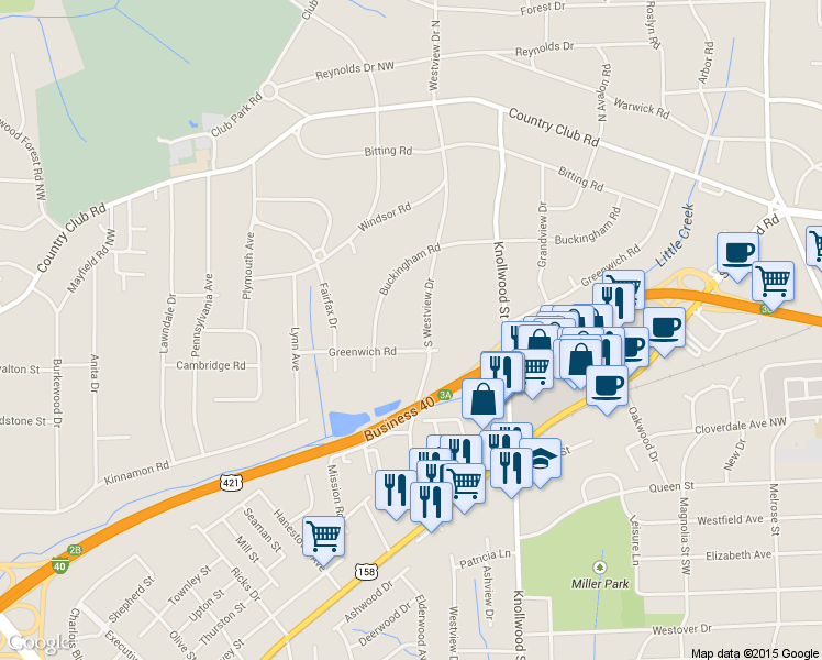 map of restaurants, bars, coffee shops, grocery stores, and more near 370 South Westview Drive in Winston-Salem
