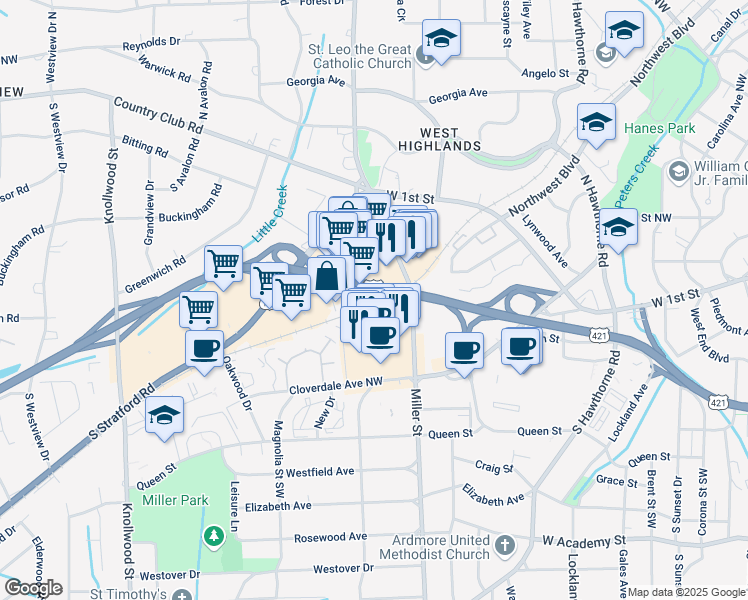 map of restaurants, bars, coffee shops, grocery stores, and more near 163 Stratford Court in Winston-Salem