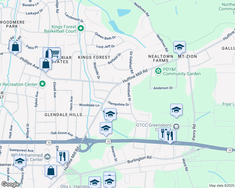 map of restaurants, bars, coffee shops, grocery stores, and more near 8 Esquire Court in Greensboro
