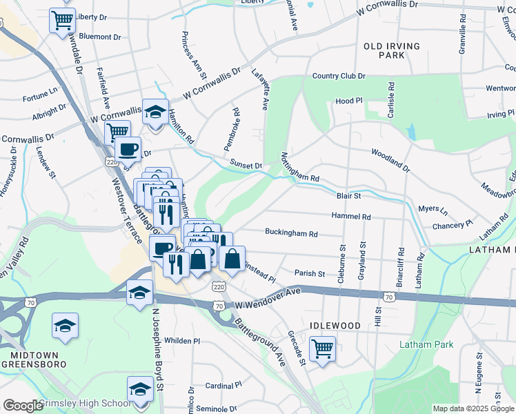 map of restaurants, bars, coffee shops, grocery stores, and more near 1000 Dover Road in Greensboro