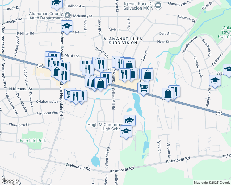 map of restaurants, bars, coffee shops, grocery stores, and more near 505 South Sellars Mill Road in Burlington