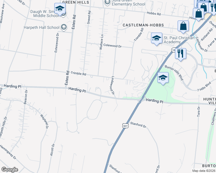 map of restaurants, bars, coffee shops, grocery stores, and more near 4402 Charleston Place Circle in Nashville