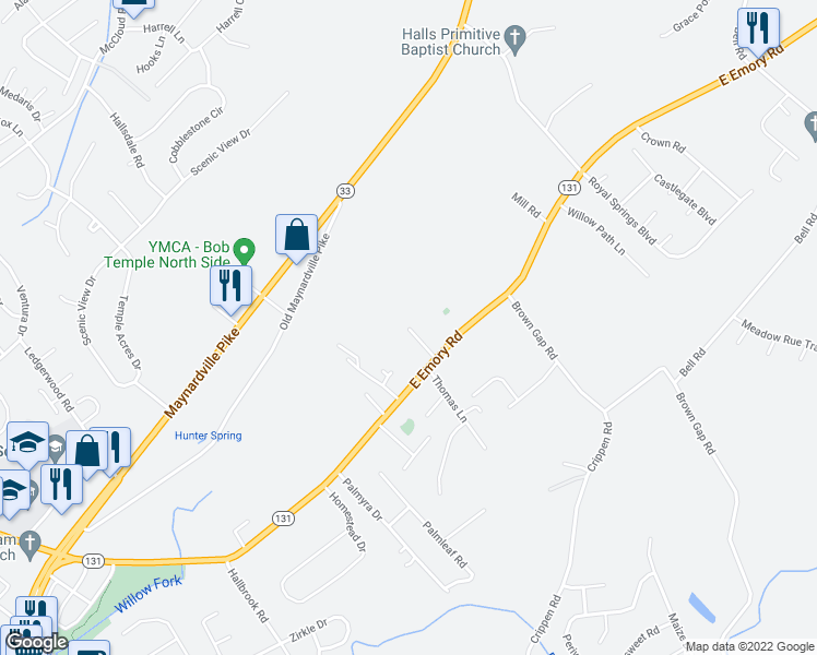 map of restaurants, bars, coffee shops, grocery stores, and more near 7518 Glen Walker Lane in Knoxville