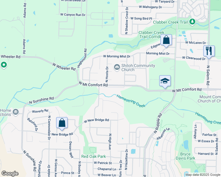 map of restaurants, bars, coffee shops, grocery stores, and more near 4363 West Mount Comfort Road in Fayetteville